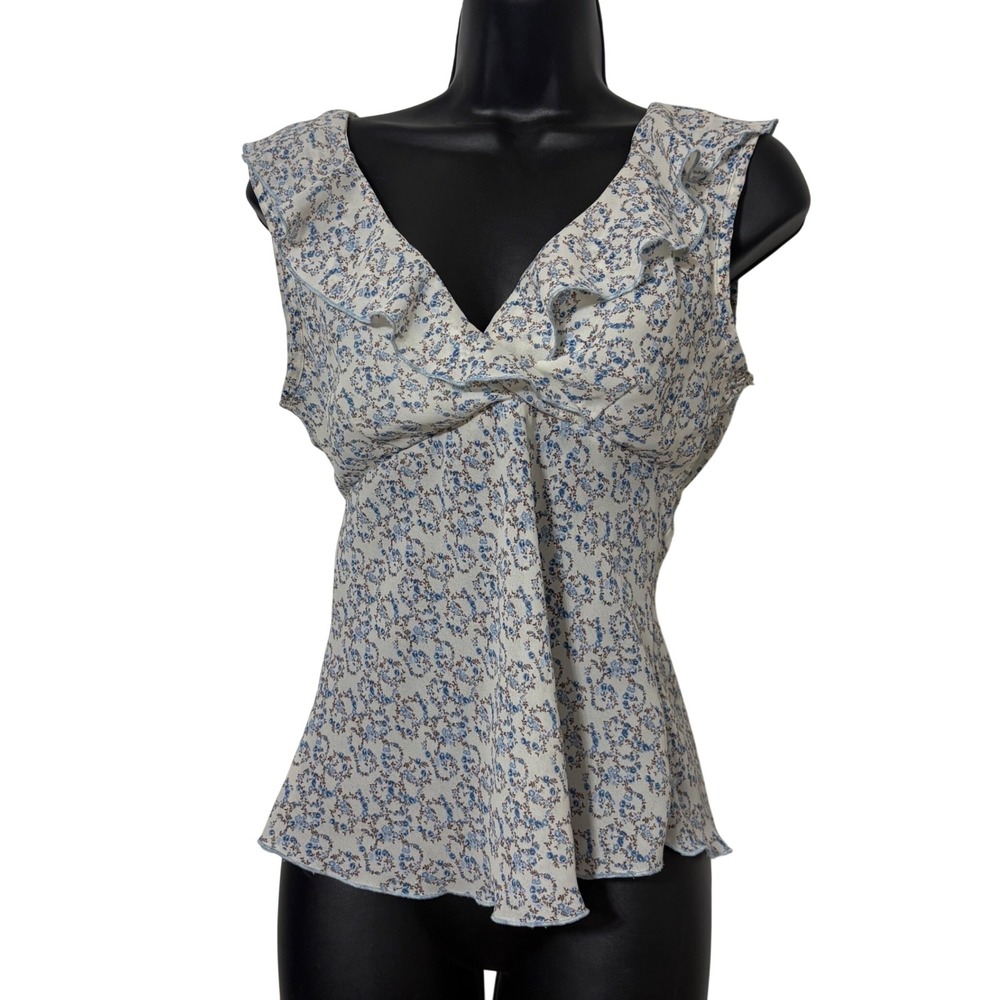 Vintage No Boundaries Size 3/5 White Blue Floral Babydoll Ruffle Tank Top Y2K